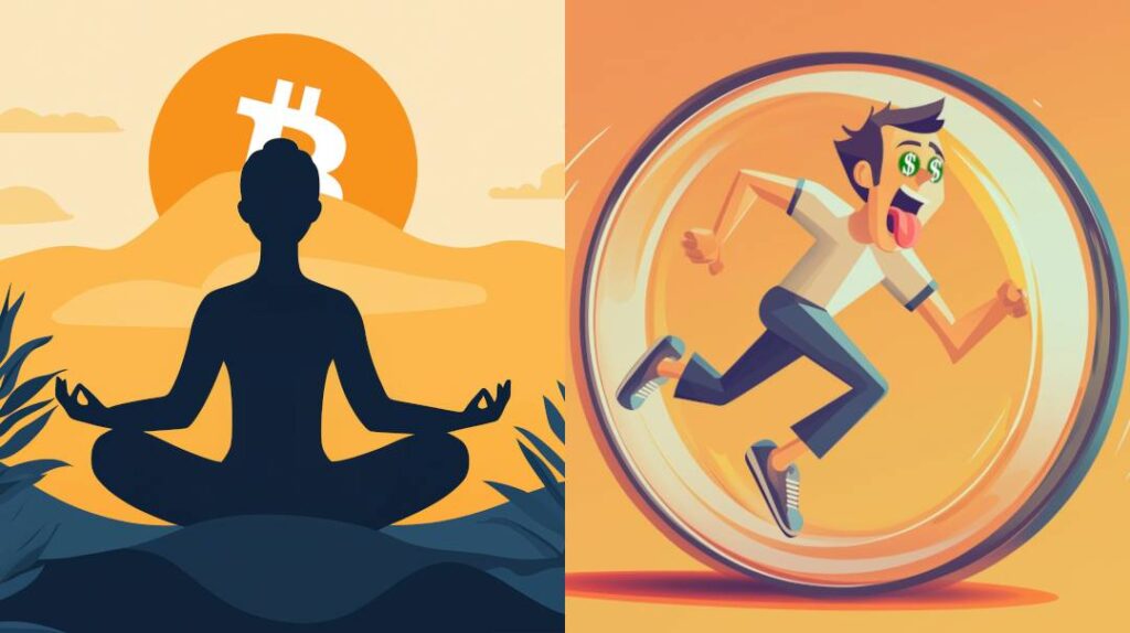 Bitcoiner meditating peacefully on the left, fiat-minded person running endlessly on the treadmill on the right